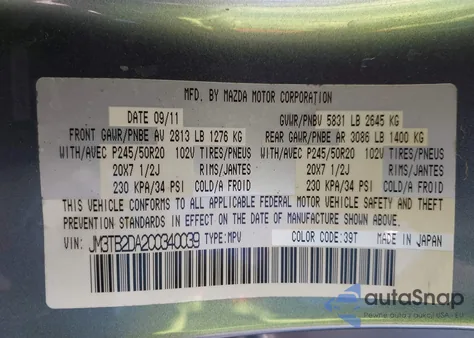 2012 Mazda Cx-9 Grand Touring z USA, uszkodzony, nr VIN JM3TB2DA2C0340039